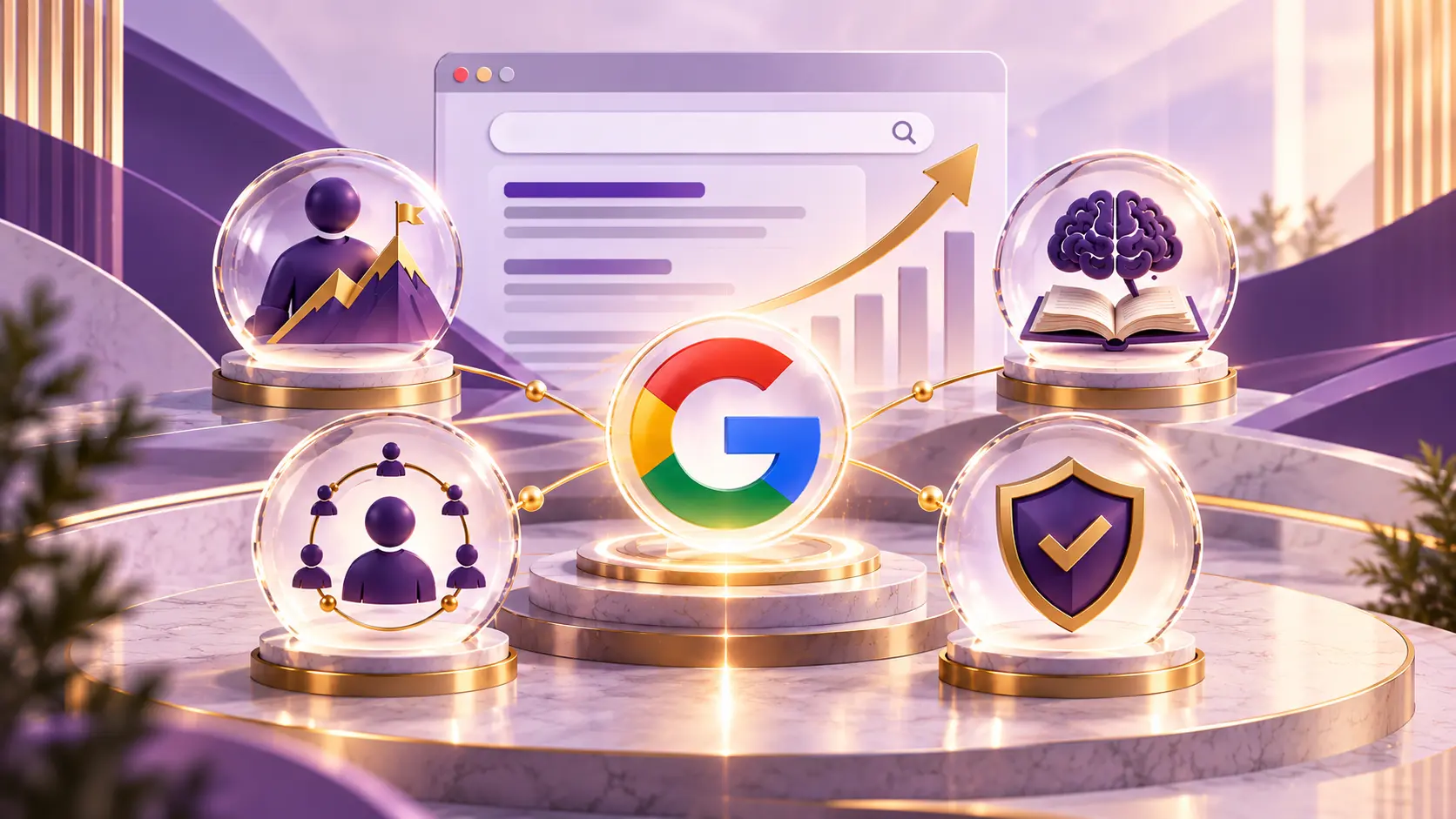 E-E-A-T SEO infographic illustrating experience, expertise, authority, and trust as key elements for building credible content and improving Google Search visibility.